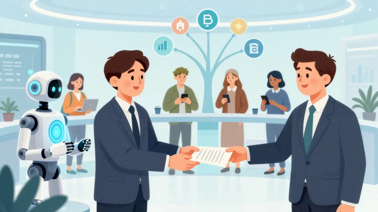 Traditional insurance agent hands a file to a blockchain robot while users receive instant digital payouts.