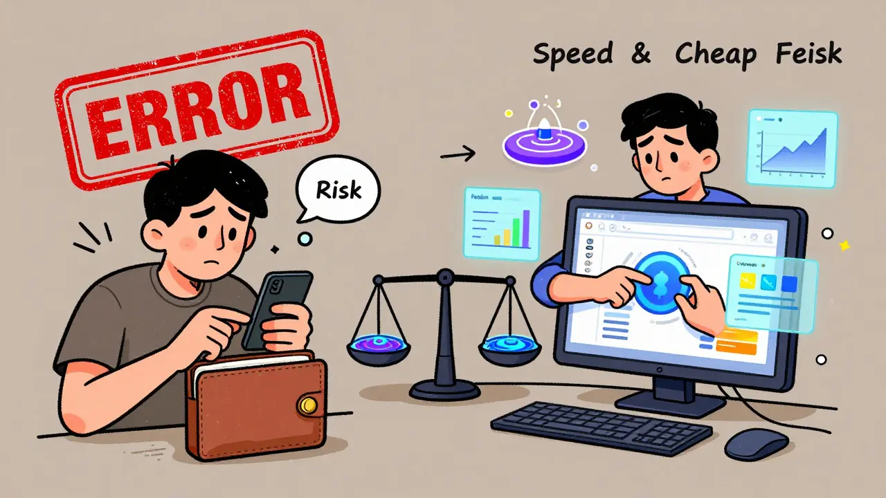 Two users side by side: one struggling with mobile Raydium, another trading smoothly on desktop with liquidity visuals.