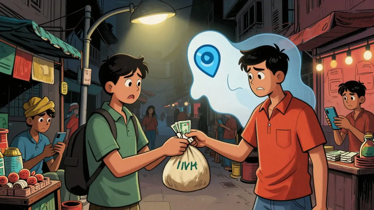 Underground crypto trade in Bangladesh with cash exchanged via mobile phones.