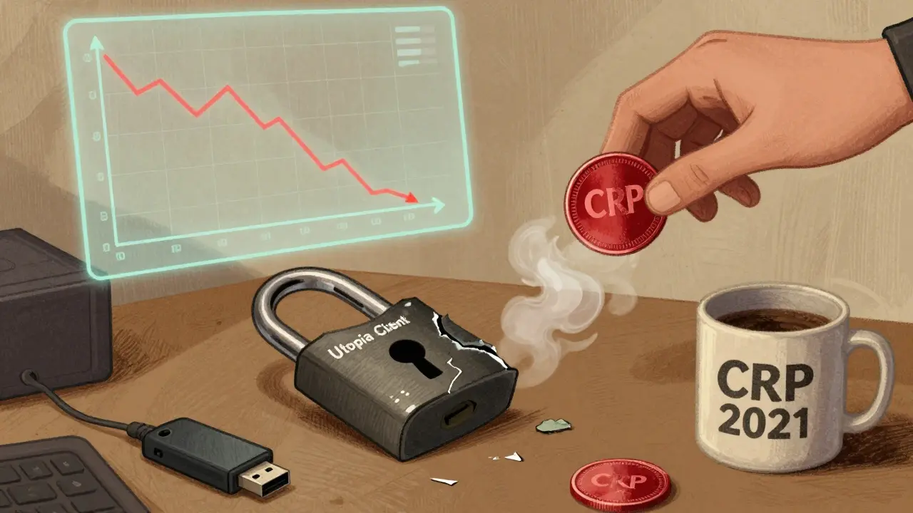 A broken Utopia lock and fading CRP chart on a dusty desk with a forgotten USB drive.