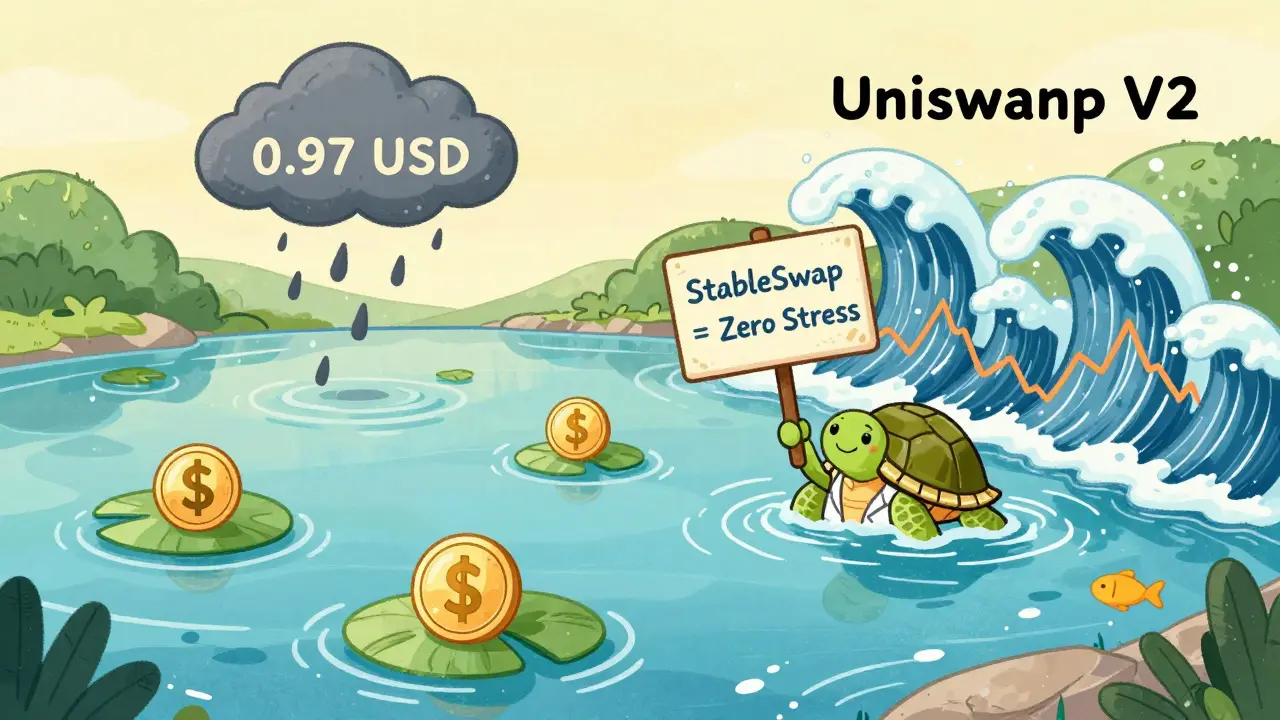 A calm pond with stablecoins floating peacefully as a tiny storm passes, beside a turbulent river labeled Uniswap V2.