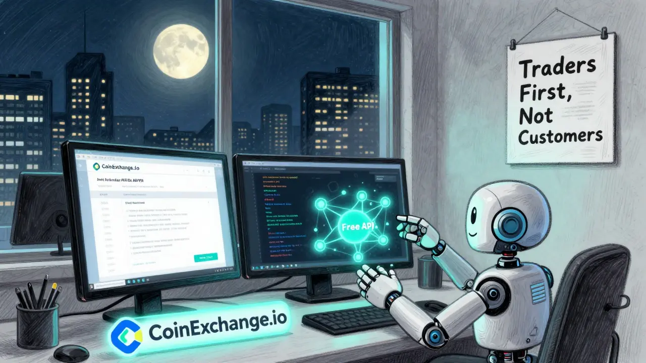 A developer uses CoinExchange.io’s free API with live data feeds on multiple monitors at night.