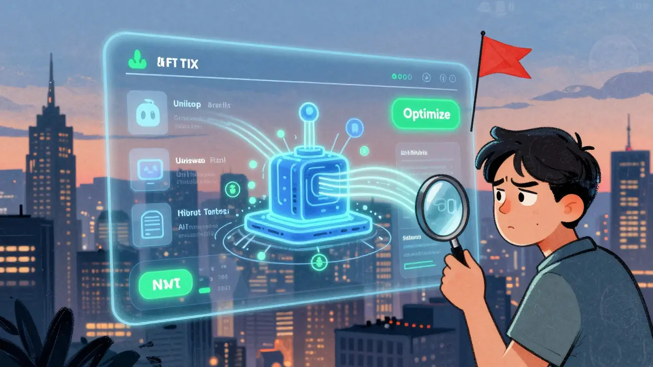 A futuristic tax dashboard showing DeFi and NFT data streams with an AI engine and warning flag.