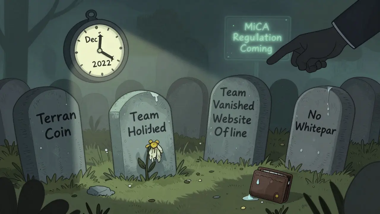 A graveyard of dead crypto projects with tombstones for Terran Coin, its vanished team, and offline website, under regulatory warning.
