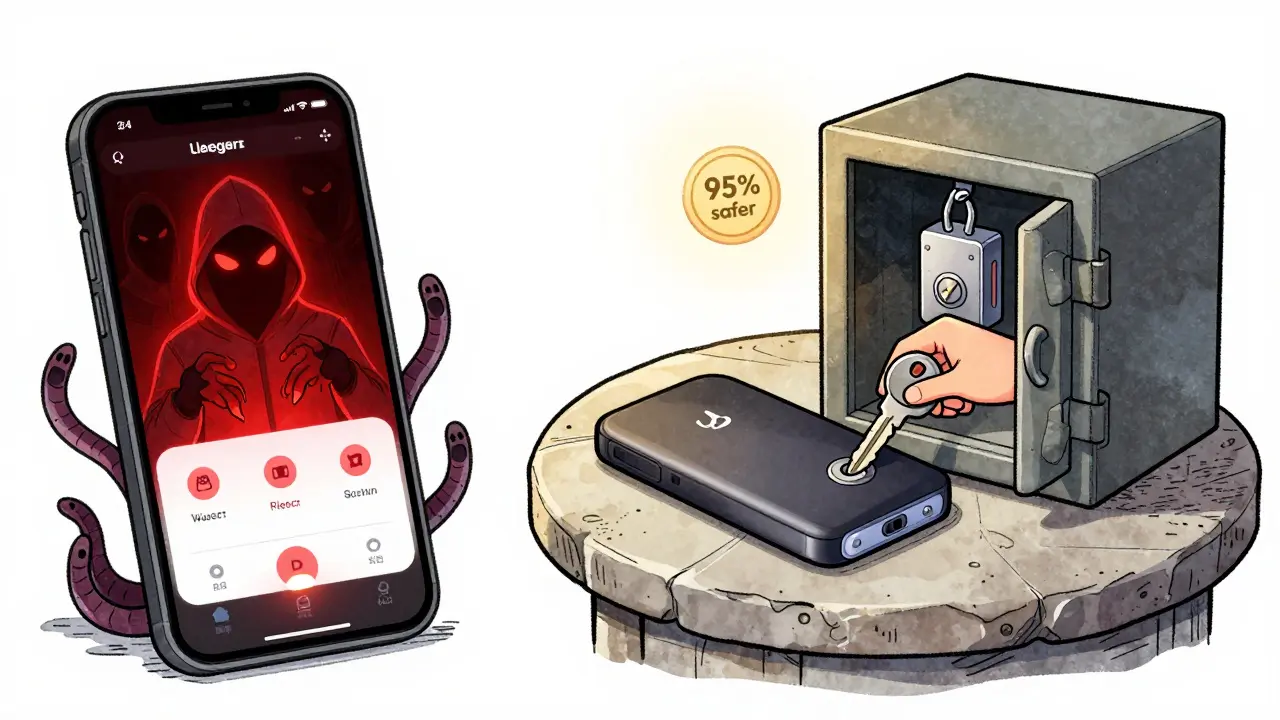 A hardware wallet beside a safe, contrasted with a hacked smartphone, showing secure vs. risky storage.