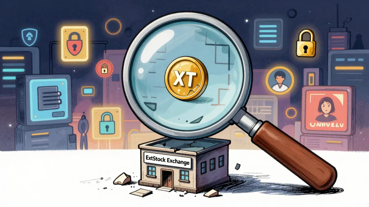 A magnifying glass revealing a fake exchange building with empty trading charts and a lone token.