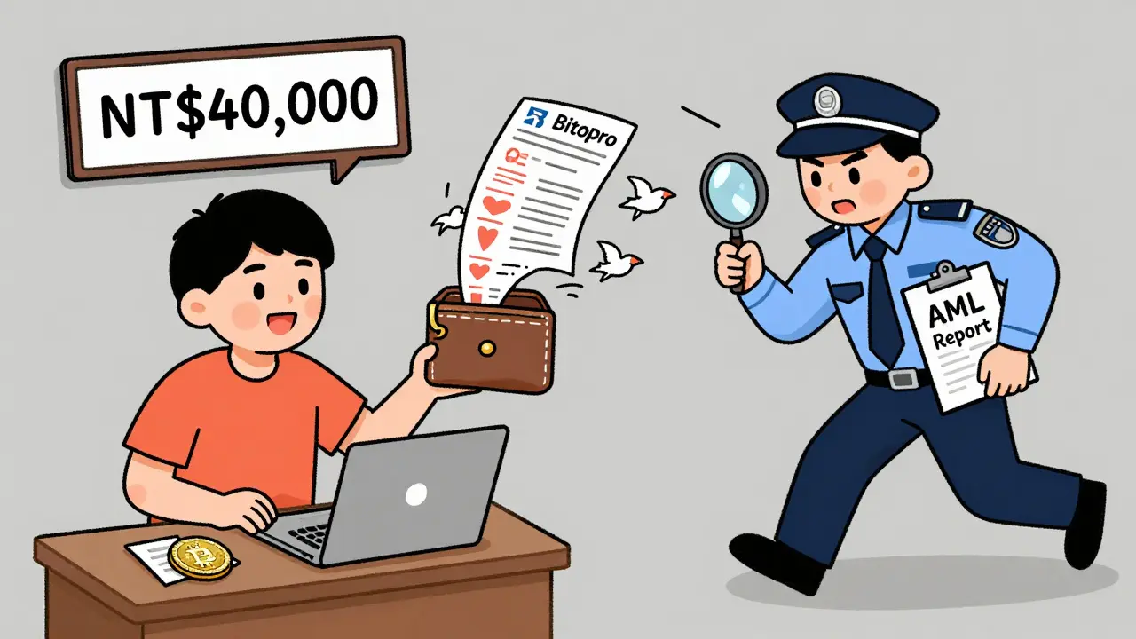 A person trading crypto being chased by a tax inspector with transaction logs flying away.