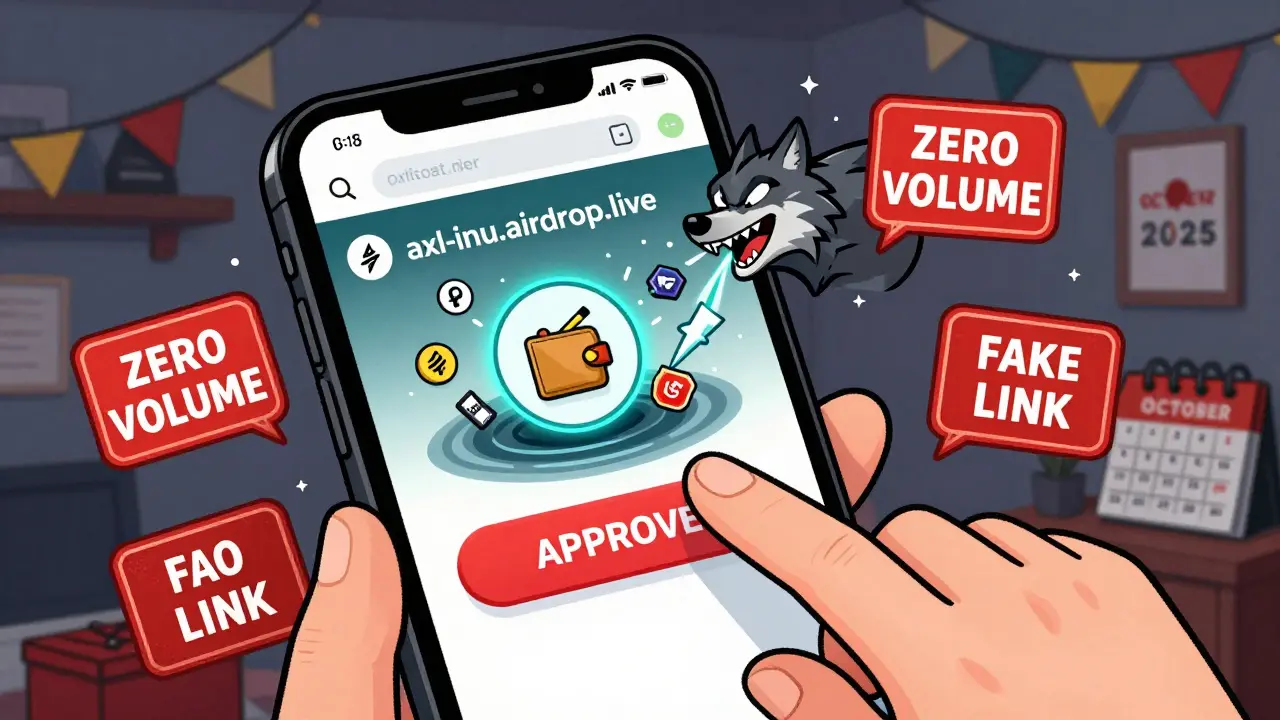 A smartphone screen showing a scam airdrop website with crypto assets being sucked into a wolf-shaped vortex.