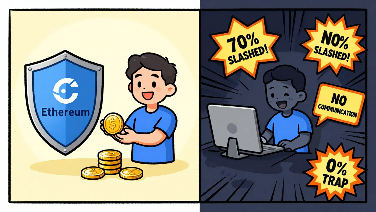 A split-screen cartoon showing a safe validator with rewards on one side and a dangerous one with slashing warnings on the other.