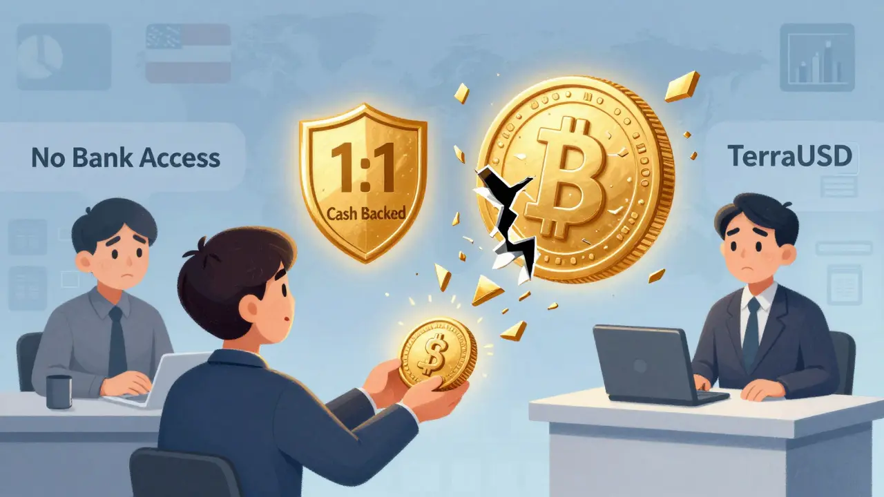 A stablecoin with a 1:1 cash shield next to a crumbling algorithmic coin, one user cashing out safely, another blocked by a bank wall.