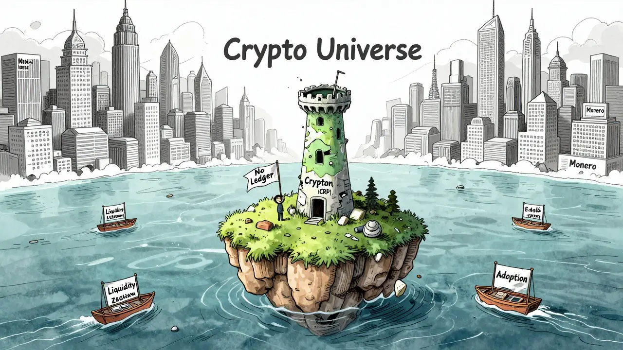 A tiny Crypton island floating ignored among giant crypto cities in a digital ocean.