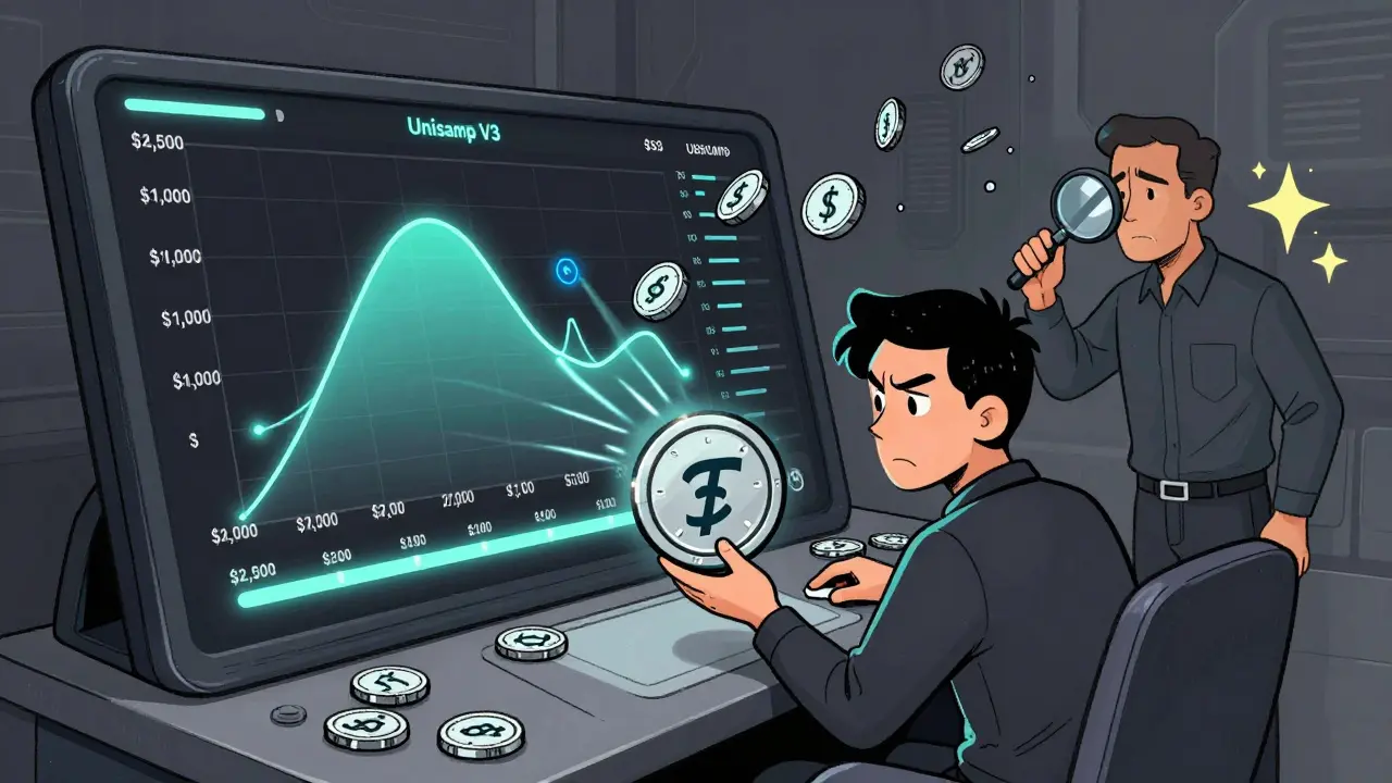 A trader at a Uniswap V3 control panel, accidentally setting a too-wide price range as ETH escapes and USDC vanishes.