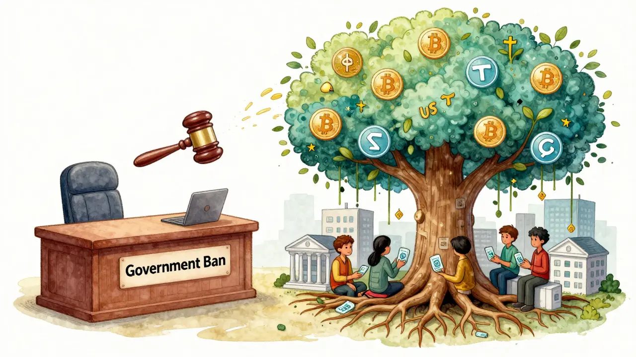 A tree of crypto icons growing through broken banks, with people benefiting beneath it.