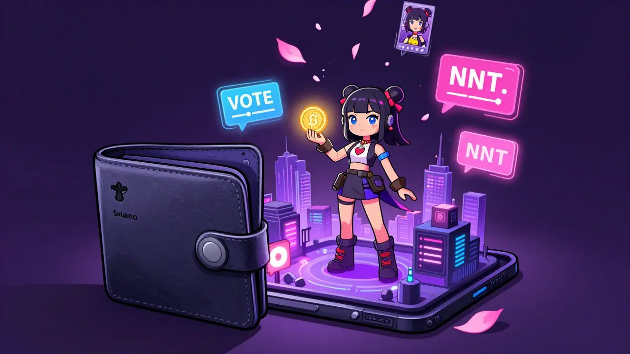A waifu in a cyberpunk city surrounded by floating fan art and AI prompts from a crypto wallet.
