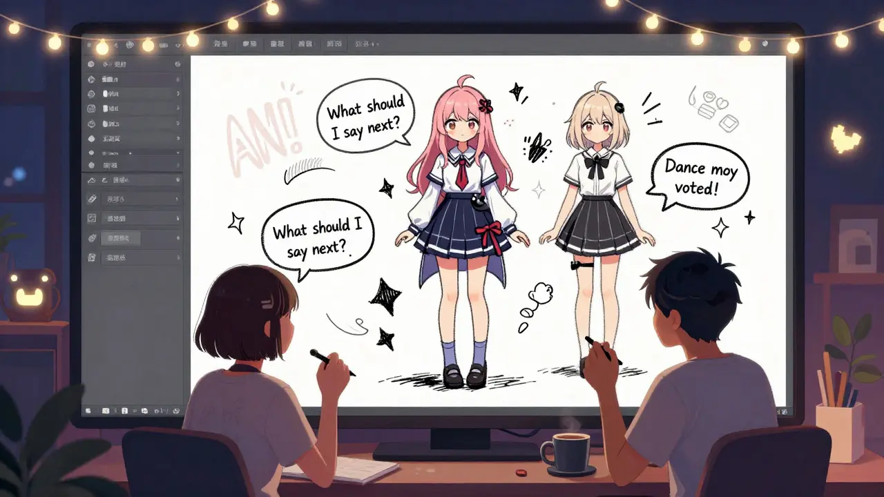 Anime fans collaborating on a digital canvas to design a waifu's new outfit in a Discord-style setting.