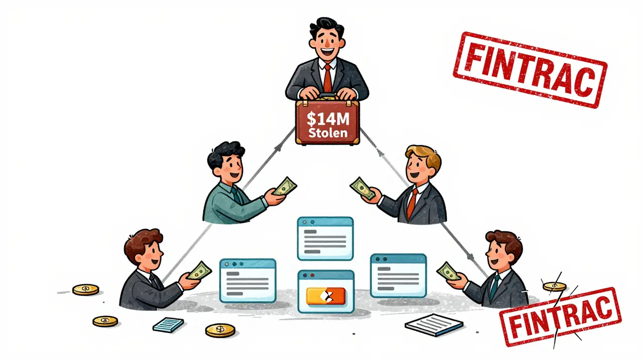 Cartoon pyramid scheme showing users feeding money to a CFO who hides stolen crypto.