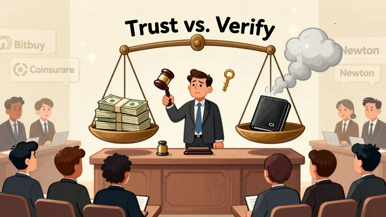 Courtroom scene with a judge holding a crypto key gavel, defendants fading away.