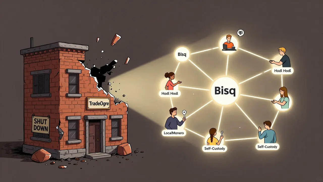 Decaying TradeOgre building replaced by glowing peer-to-peer crypto nodes and self-custody key.