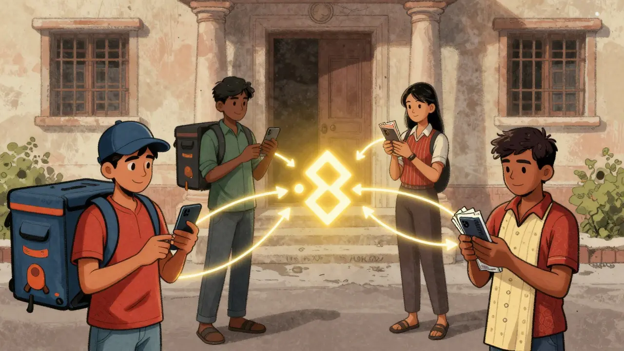 Everyday agents transferring crypto via smartphone, connected by glowing digital lines.