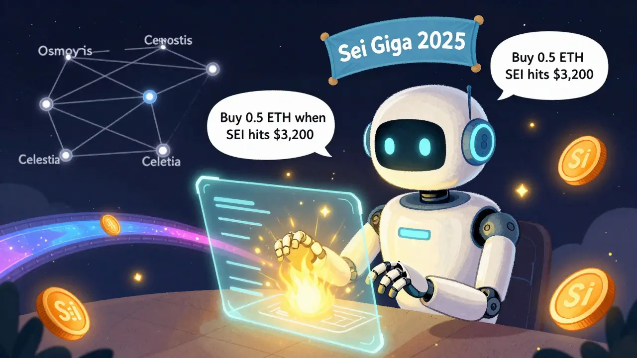 Friendly AI robot typing a trade command into a glowing blockchain, with SEI tokens and Cosmos chains in the background.