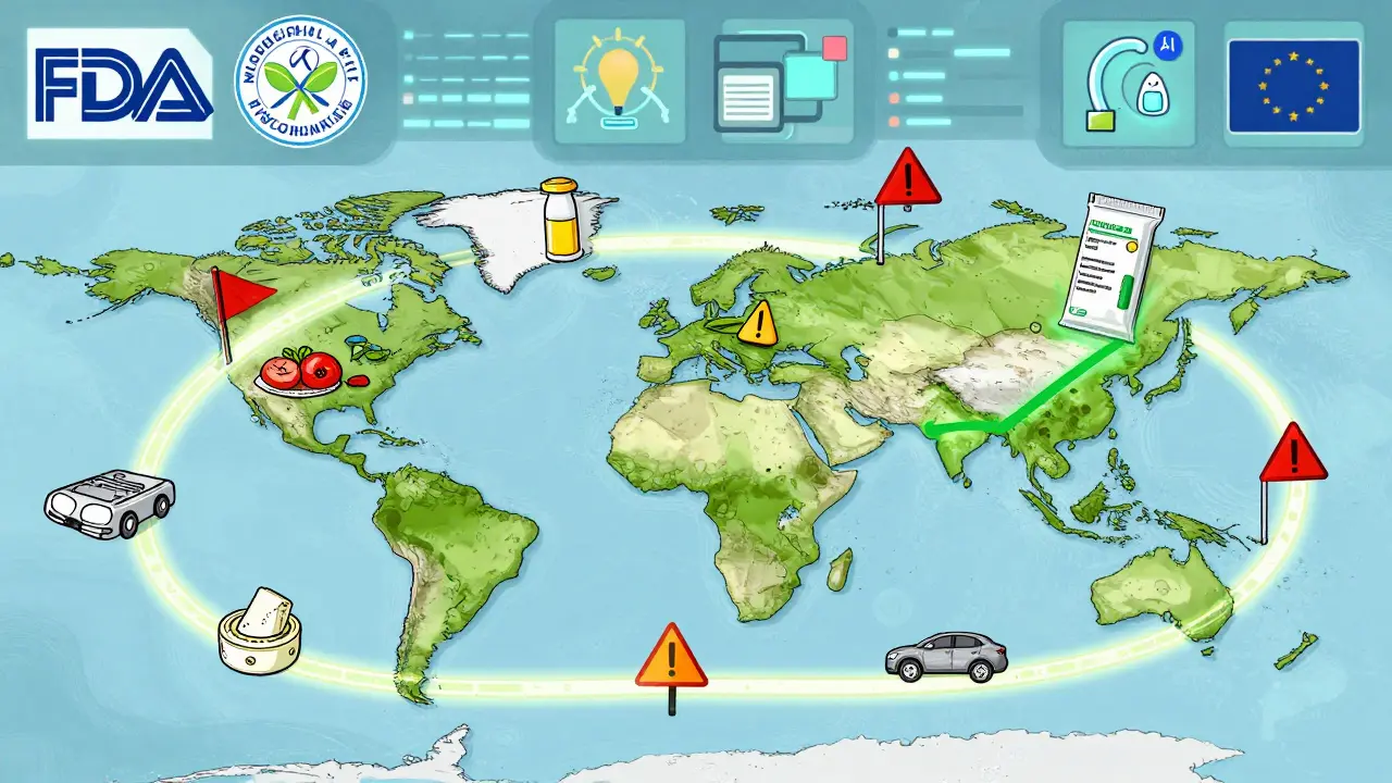 Global supply chain with blockchain paths tracing products, blocking counterfeit items with green verification.