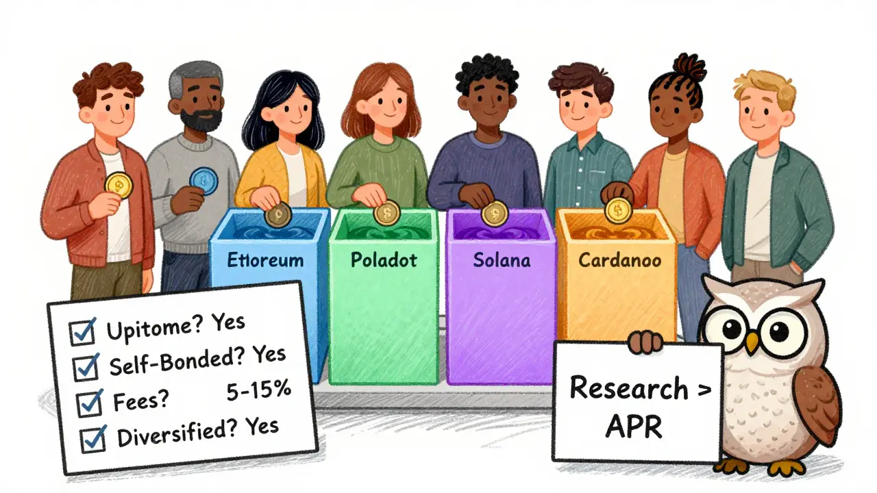 People placing tokens into different blockchain validator slots, with a checklist and wise owl guiding them toward smart staking.