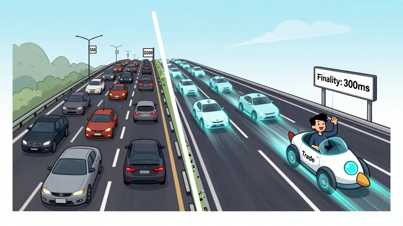 Side-by-side cartoon comparison: slow Ethereum traffic vs. ultra-fast Sei highway with 12,500 lanes.