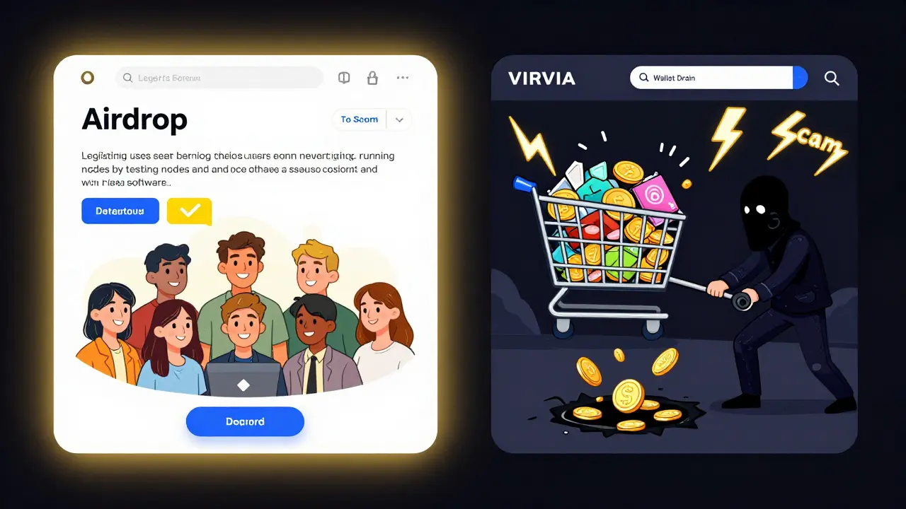 Side-by-side: real crypto airdrop vs. sinister VIRVIA scam site with draining coins