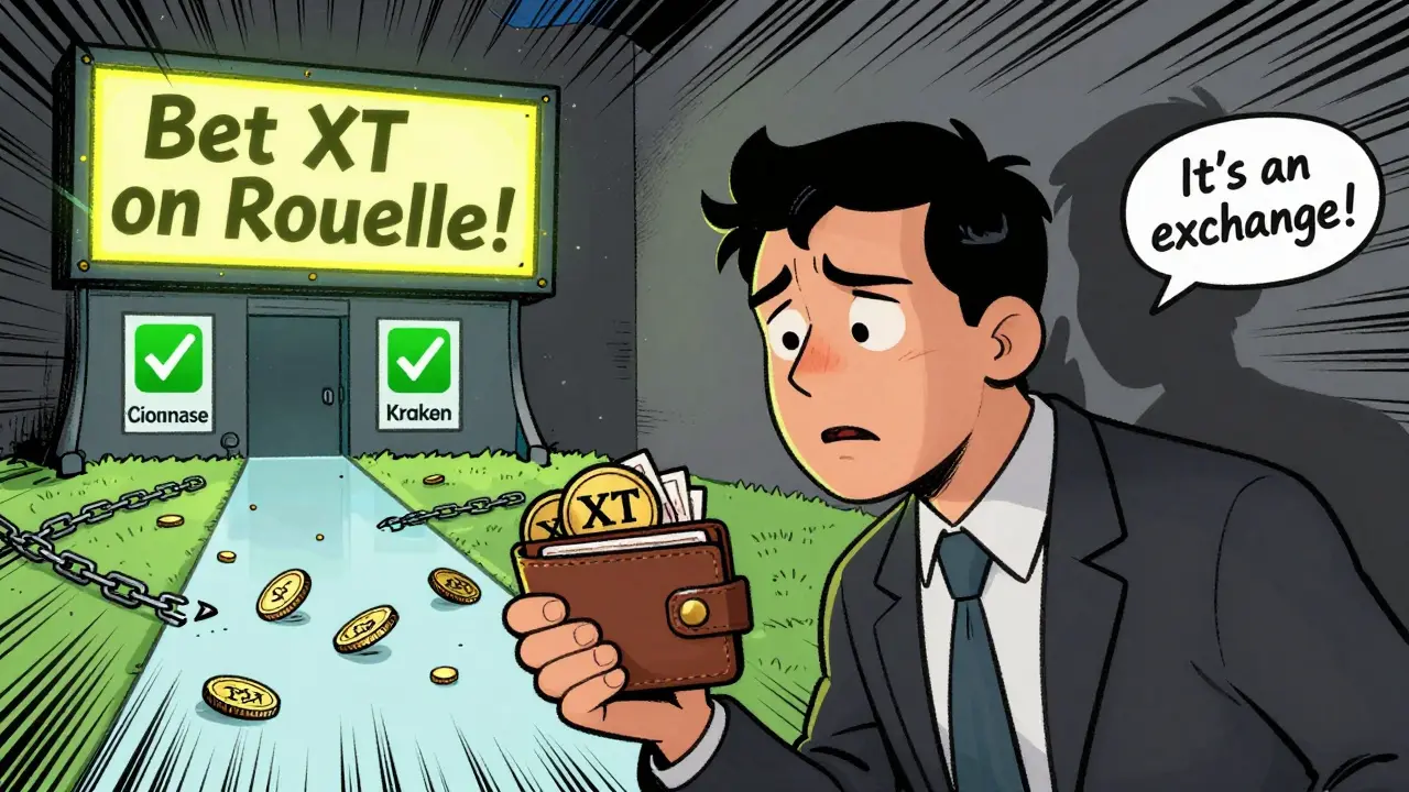 Someone holding XT tokens, tempted by a casino sign while real exchanges glow safely behind them.