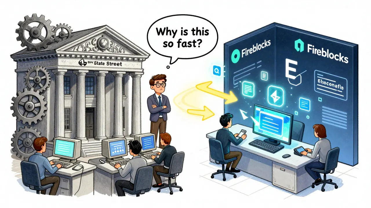 Split cartoon scene comparing slow bank systems with fast FinTech crypto custody solutions.