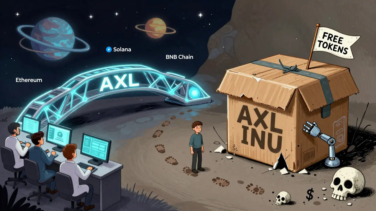 Split illustration: real Axelar Network on one side, crumbling AXL INU scam box on the other, with a confused user in between.