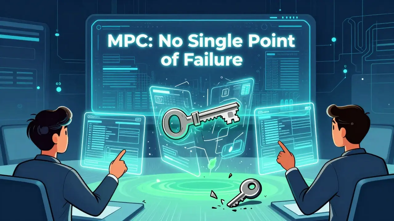 Three people collaborating on a holographic multi-signature key system, preventing single-point access.