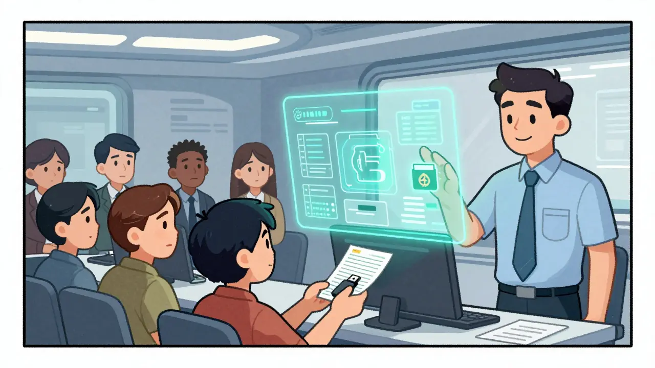 Traders submitting crypto records to a tax officer in a digital office with blockchain holograms.