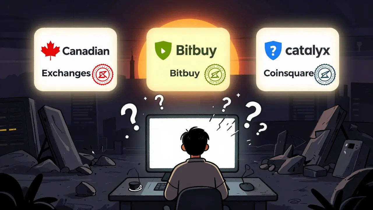 User facing a frozen wallet while safe exchanges glow in the distance, Catalyx in ruins behind.