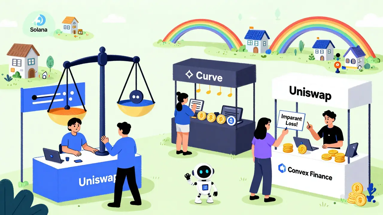 Whimsical DeFi marketplace with Uniswap, Curve, and EigenLayer stalls, users managing price ranges and stablecoin swaps.