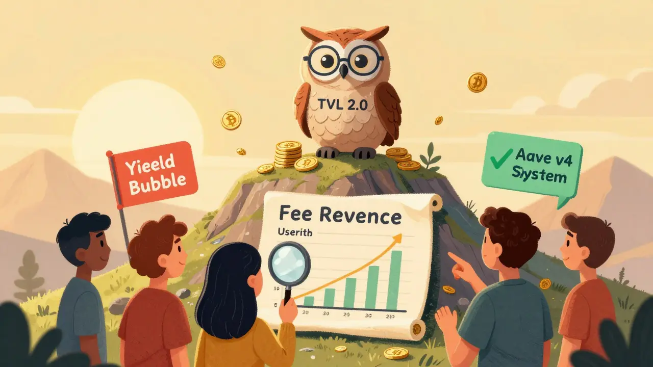 Wise owl on a mountain of crypto tokens teaching users to evaluate DeFi beyond TVL using fee revenue and security metrics.