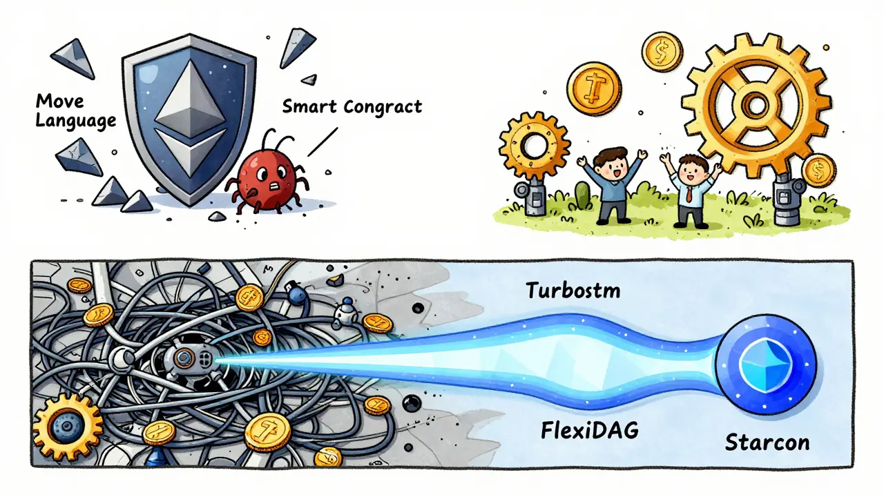 A cartoon-style comparison: chaotic Ethereum network versus Starcoin’s smooth, fast transaction flow with a protective Move language shield blocking bugs.