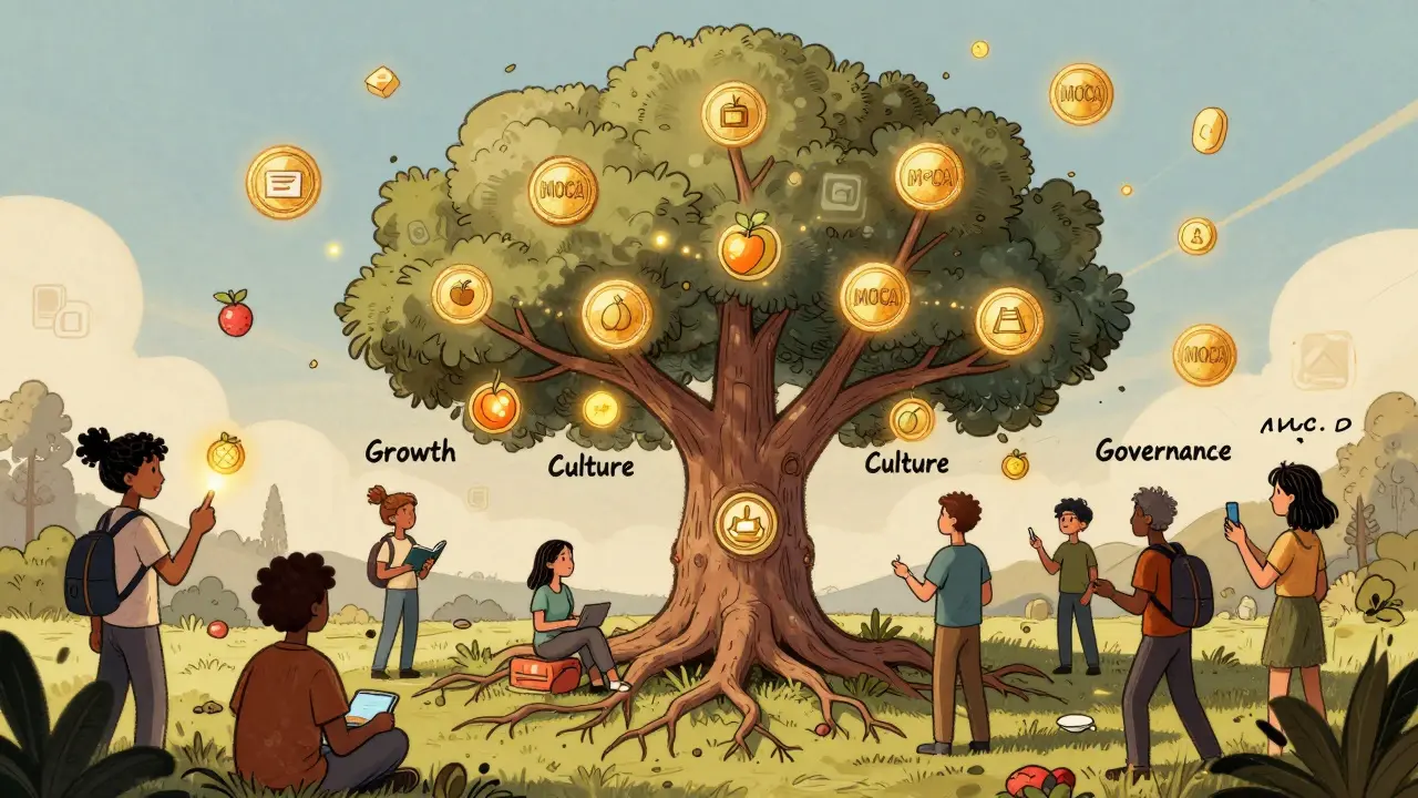 A community around a tree with MOCA token fruits, where users stake tokens and earn rewards through participation in digital culture.