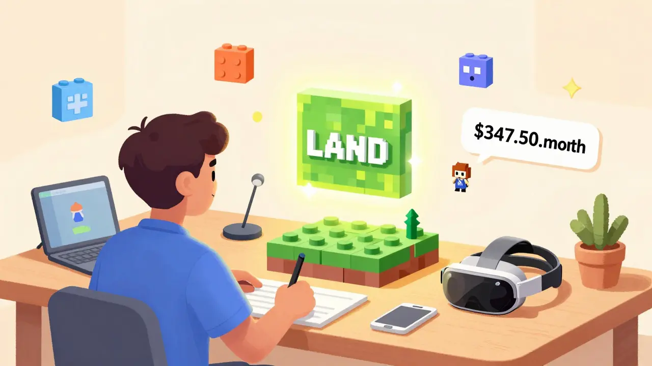 A creator builds a virtual world in The Sandbox using voxel blocks, with earnings displayed in the air.