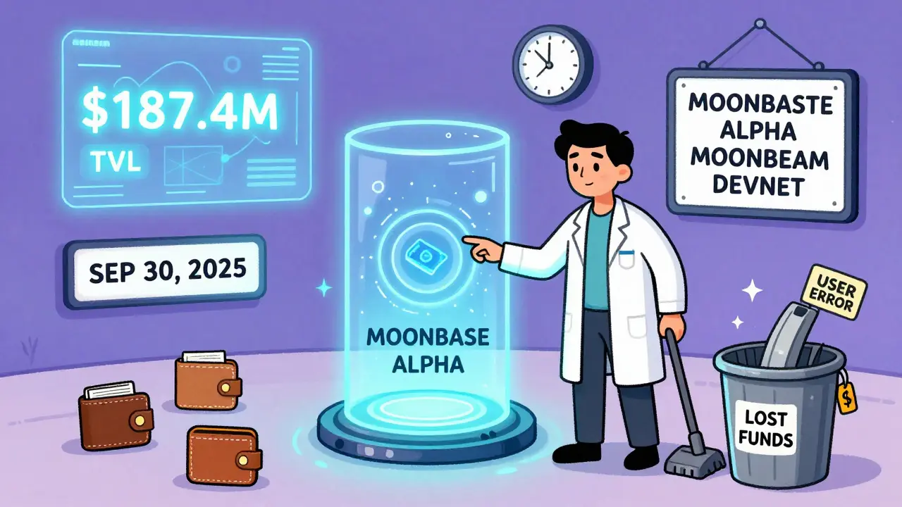 A developer deploys code into a portal labeled 'Moonbase Alpha' as a sign flips to 'Moonbeam DevNet', while lost wallets vanish into a trash bin labeled 'Lost Funds'.