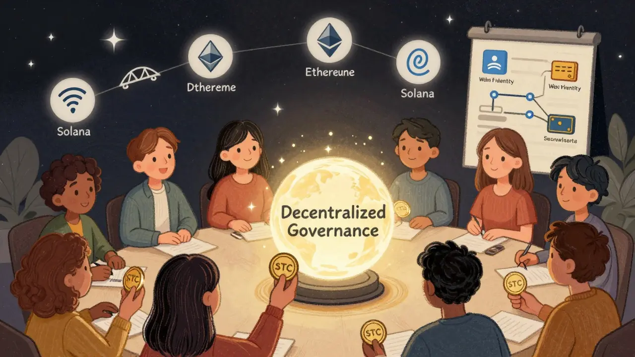 A diverse group of people voting with STC tokens under a starry sky, with floating bridges connecting to other blockchains and a quiet roadmap in the background.