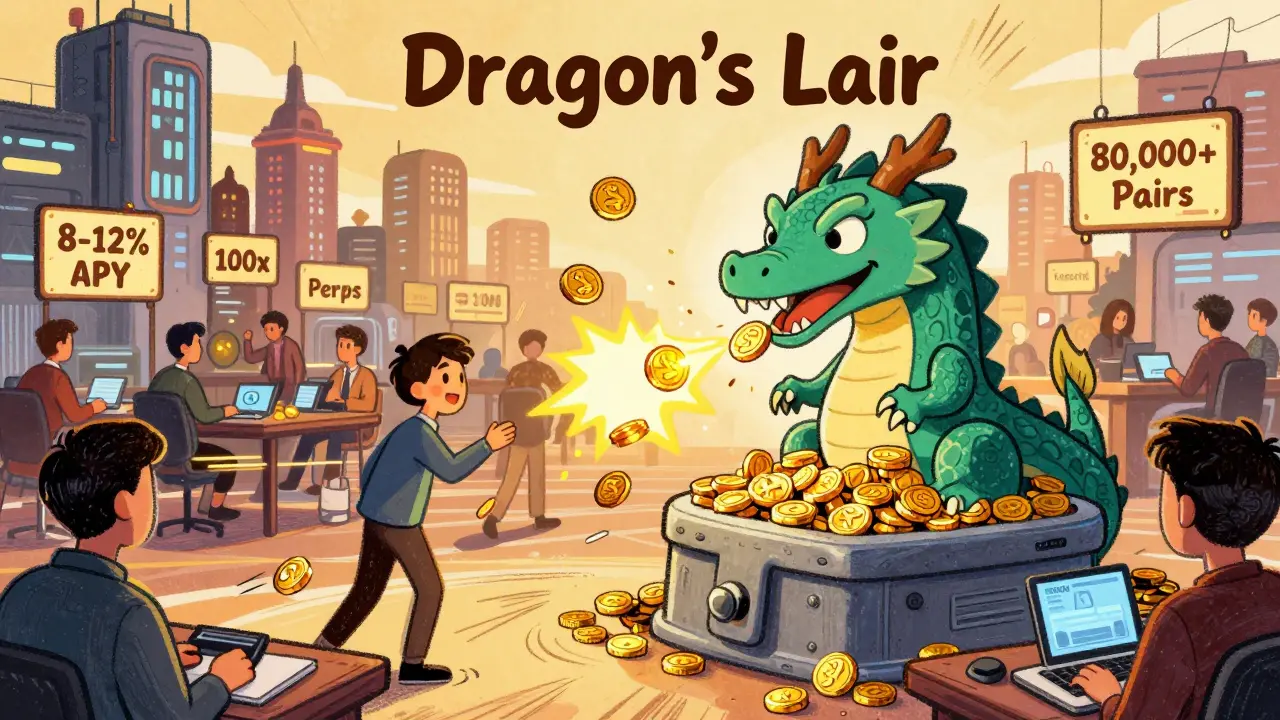 A dragon-shaped staking vault breathing reward coins, with traders swapping tokens in a vibrant digital city on Base chain.