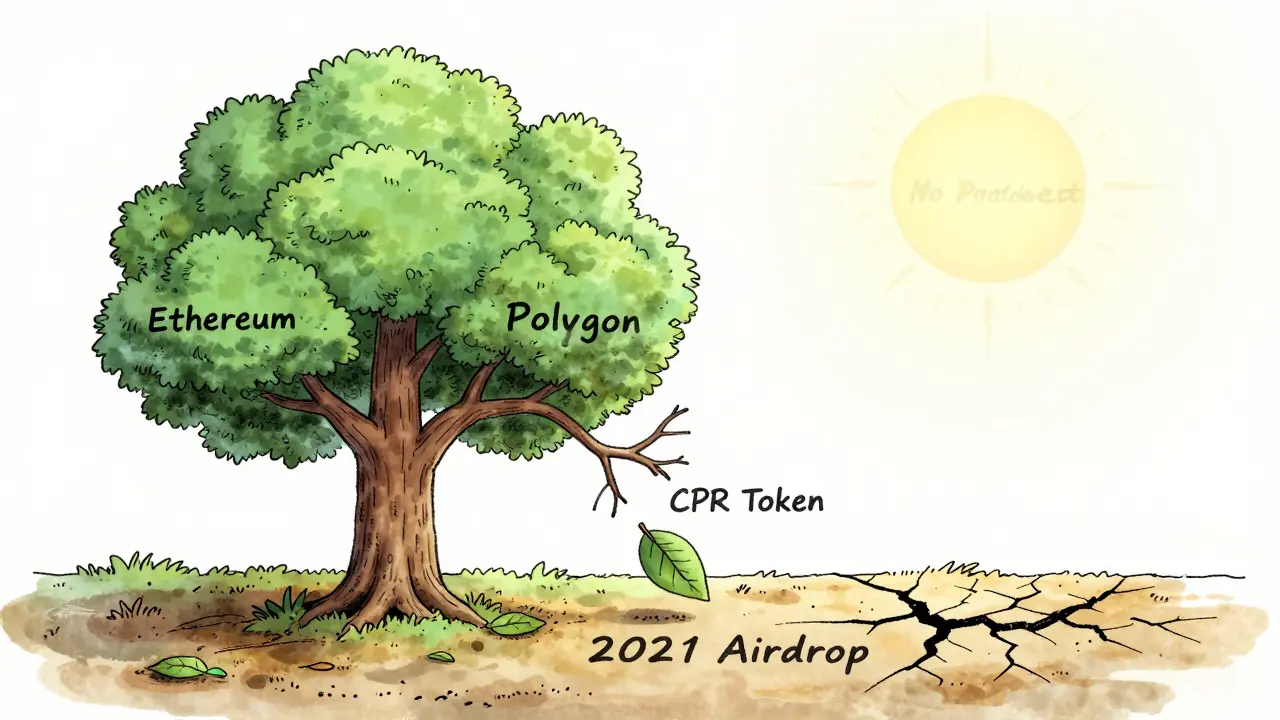 A dying blockchain tree with one branch labeled Ethereum and the other Polygon, a single CPR token falling from the dead side.