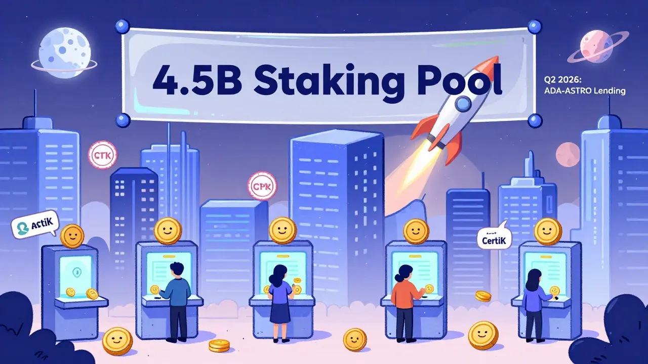 A futuristic Cardano city where people stake ADA to earn ASTRO, with a rocket labeled 'Q2 2026' launching toward distant blockchain moons.