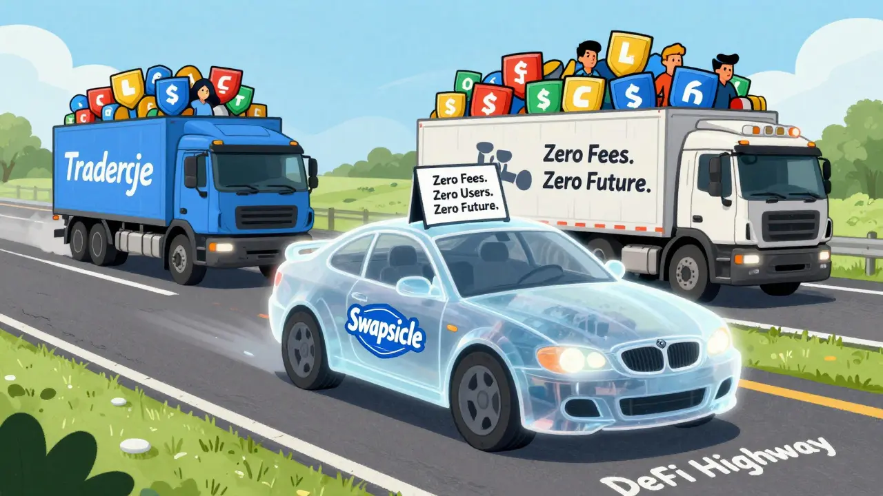 A ghostly car with Swapsicle logo parked on DeFi highway while other exchanges drive past.