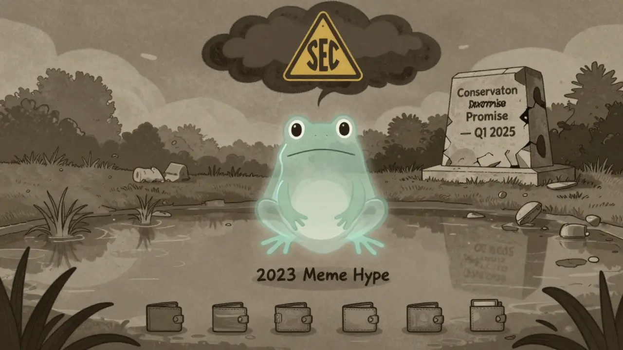 A ghostly frog floats above an abandoned pond labeled with a failed conservation promise, under an SEC warning cloud.