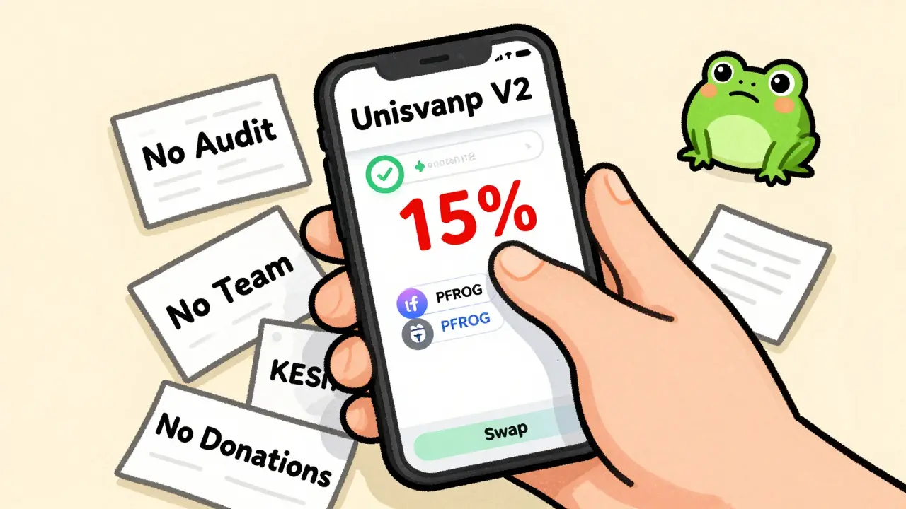 A hand tries to trade crypto on a phone showing high slippage, surrounded by signs saying 'No Team' and 'No Donations'.