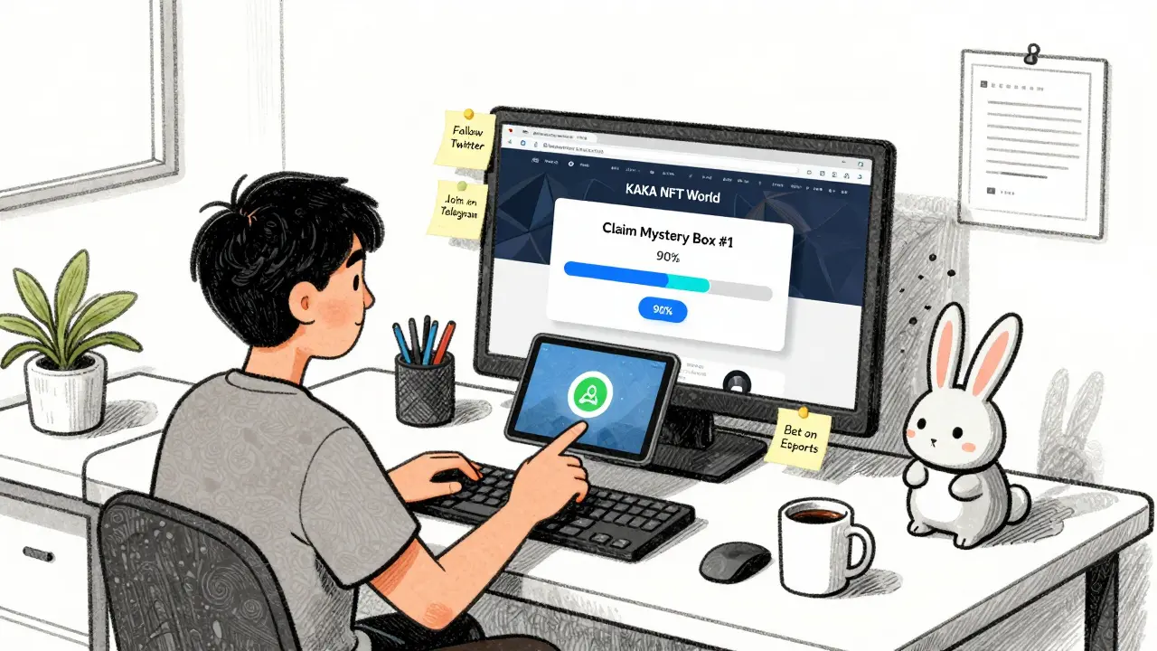 A person connecting a wallet to a computer screen displaying KAKA NFT World challenges.