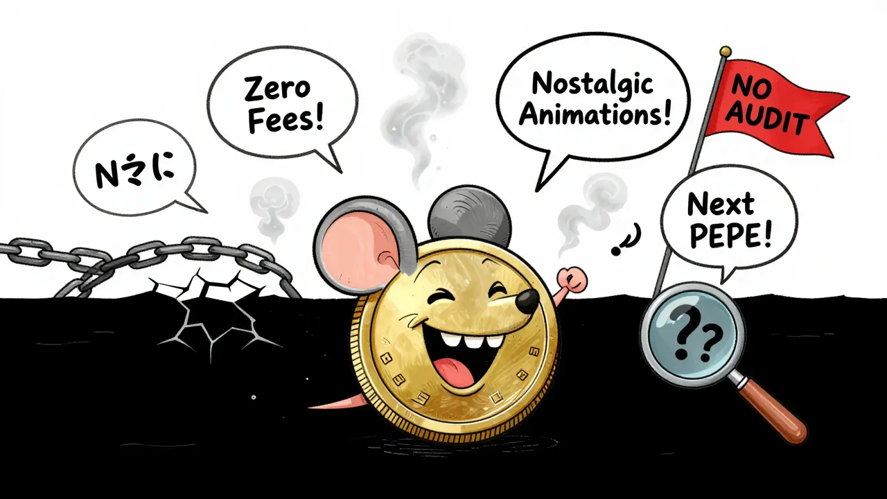 A phantom coin shaped like a laughing mouse floats in darkness, with dissolving slogans and a cracked blockchain linking to nowhere.