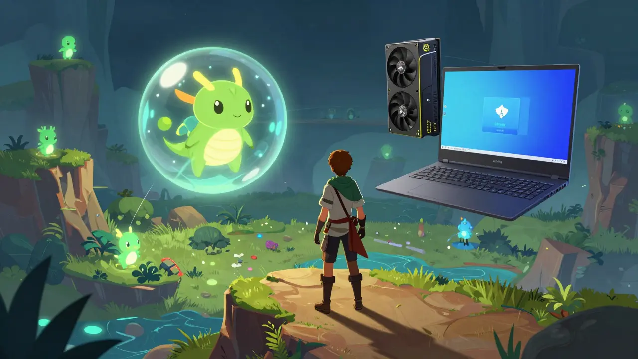 A player explores Illuvium's fantasy landscape with glowing creatures, surrounded by high-end gaming gear.